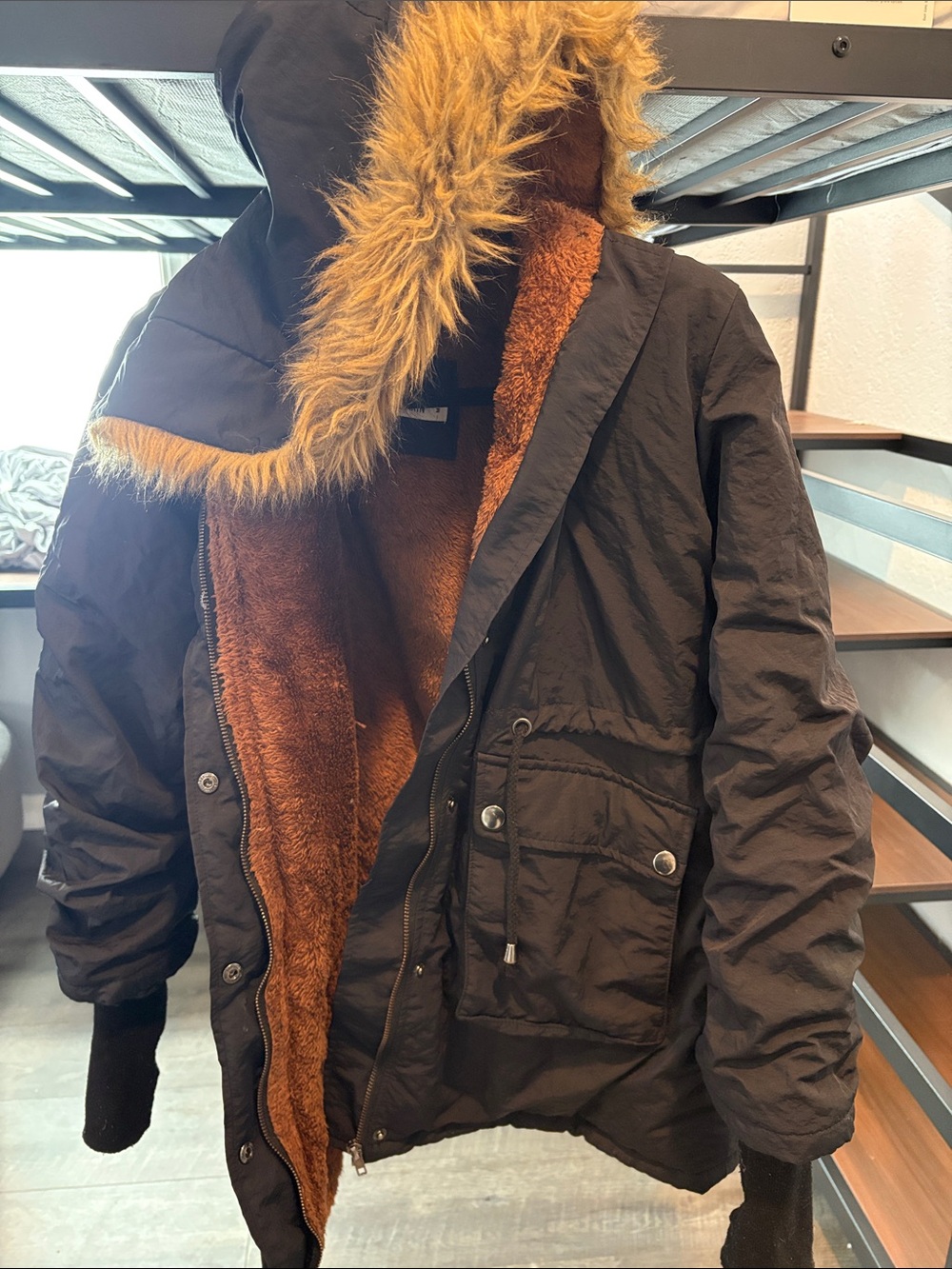 Women's Black Parka Jacket with Brown Faux-Fur Lining